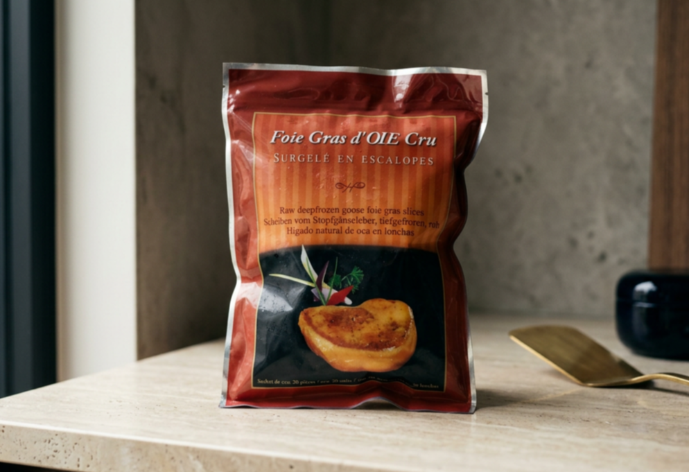 Package of frozen Hungary Goose Liver Sliced on a kitchen counter.