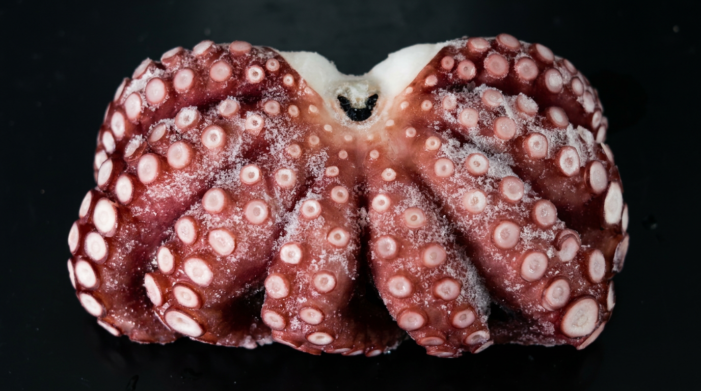 Close-up of a frozen octopus tentacle on a black background