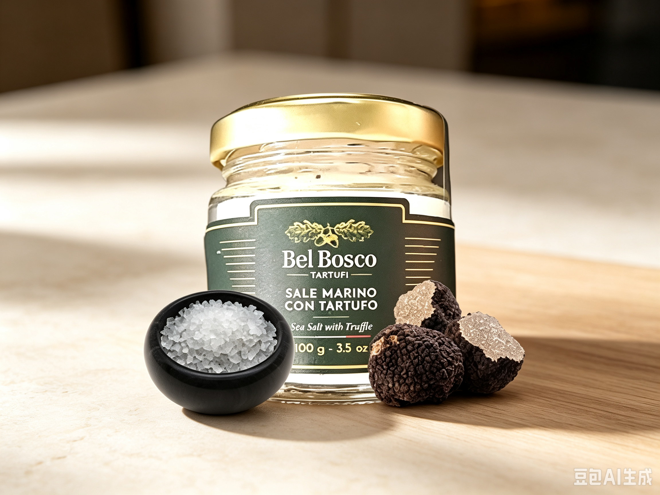 Close-up of a jar labeled 'Bel Bosco Truffles' with Italian text indicating sea salt with truffle flavor. Surrounding the jar are dark black truffles and a small black bowl filled with sea salt.