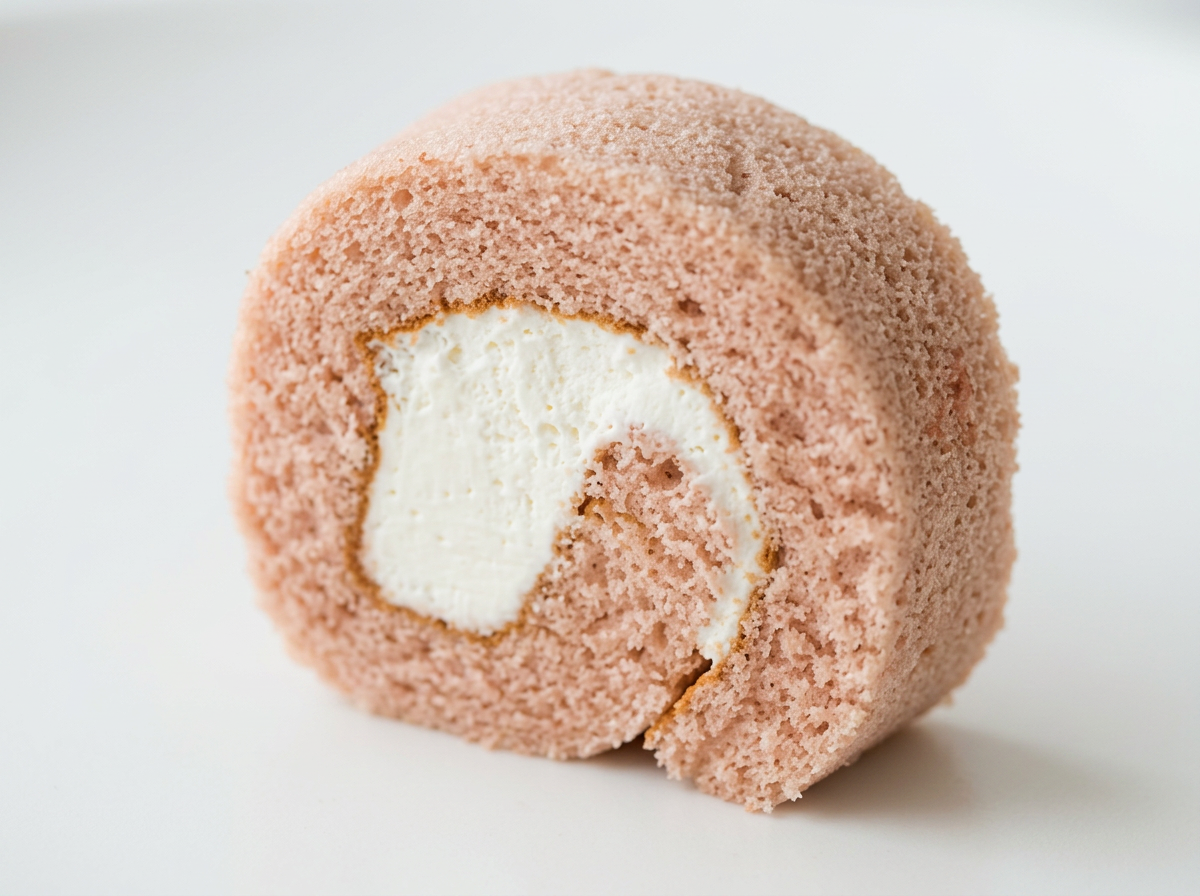 Close-up of a pink JG Cheese&Rasberry Roll Cake with cream filling inside