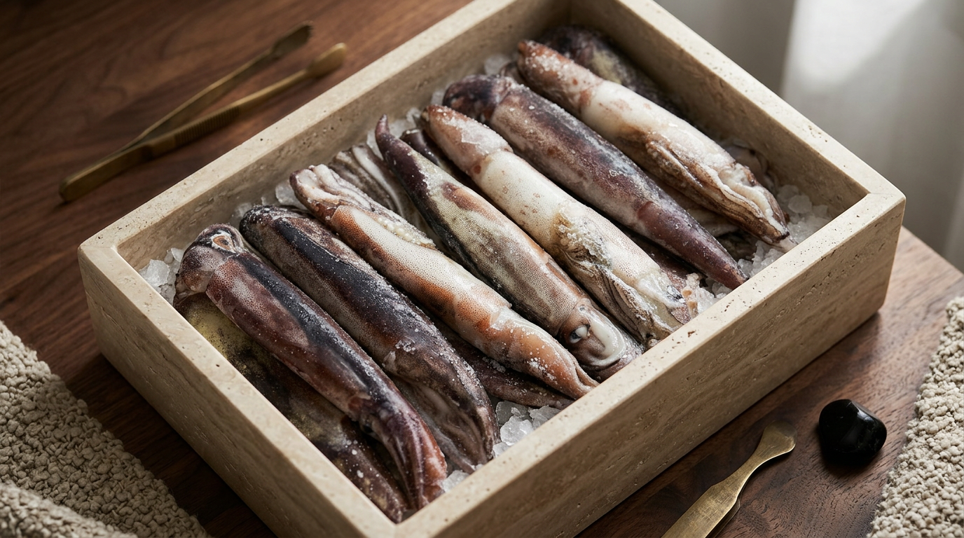 Fresh Japan Whole Squid on ice in a wooden box with a pair of tongs, a black stone, and a textured cloth nearby.