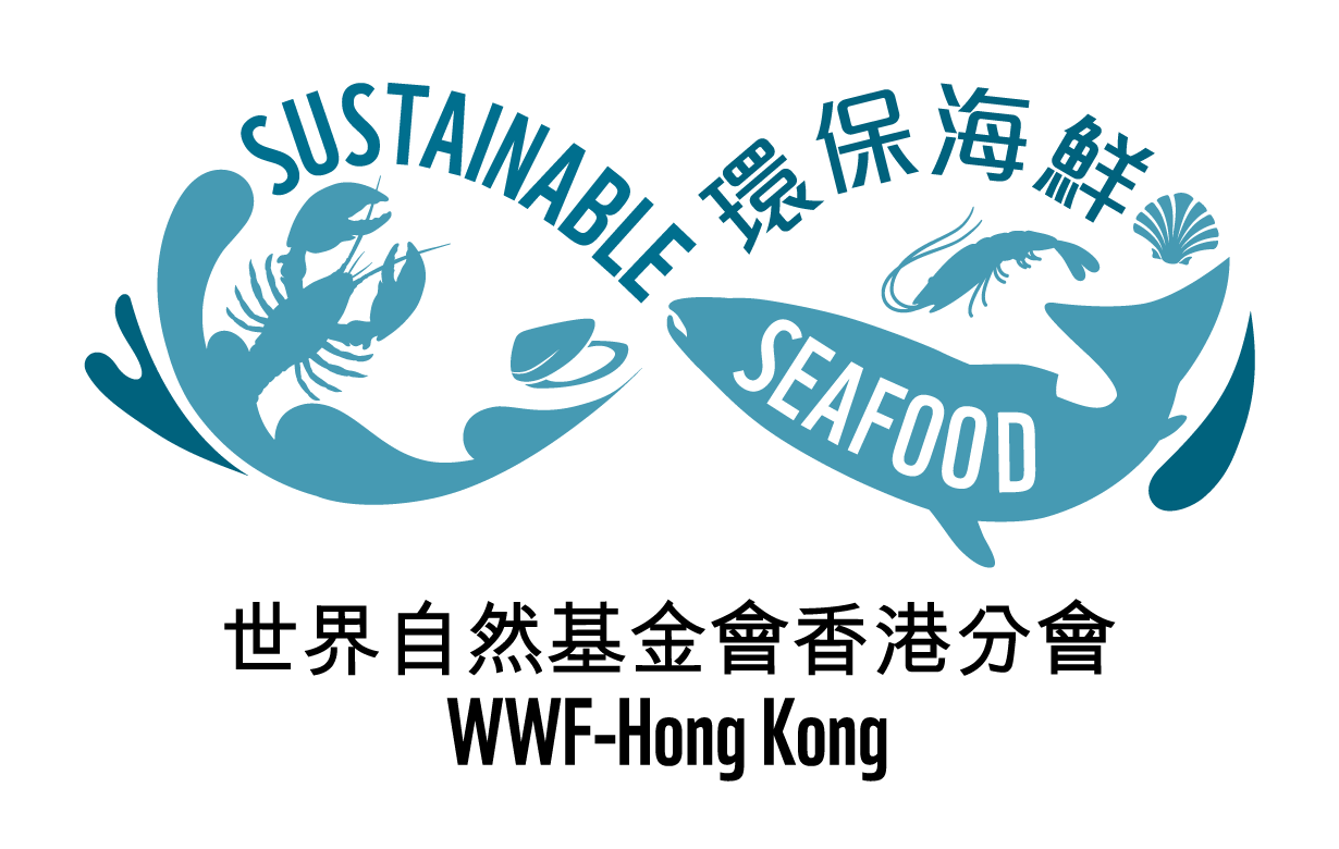 A logo with the words 'Sustainable Seafood' in English and Chinese, featuring illustrations of a shrimp and a fish.