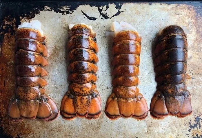 Four cooked lobster tails lined up on a baking sheet, with the shells and meat visible.