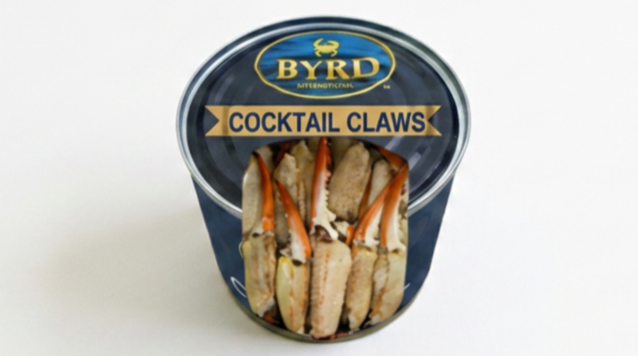 A container of BYRD Mythicicious Cocktail Claws featuring crab claws and sandwiches.