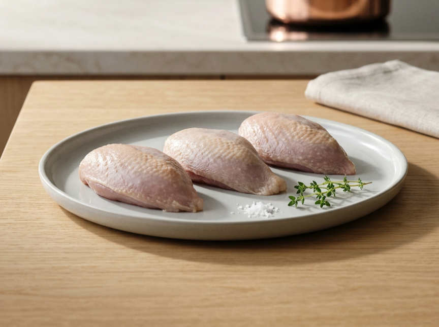 Three raw chicken breasts on a white plate, garnished with a sprig of fresh thyme and a small pile of salt, on a wooden countertop.