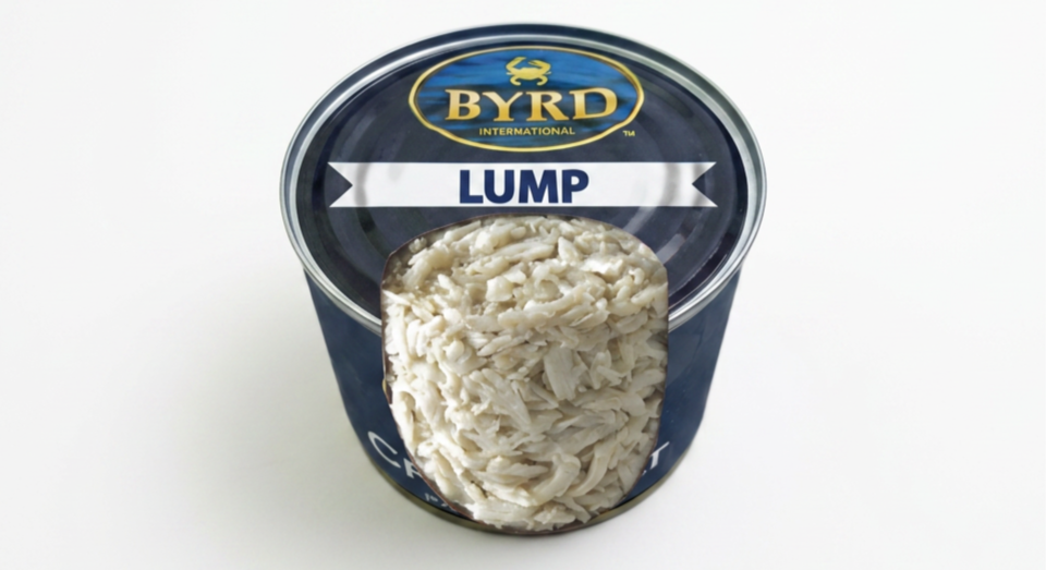A can of BYRD Lump Crab Meat with a cut-out revealing white crab meat inside.