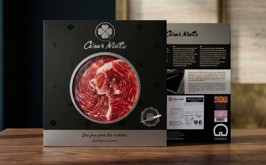 Box of Spanish "César Nieto" Iberico BELLOTA 100% Ham + 50M  with a circular window showing slices inside, placed on a wooden surface.
