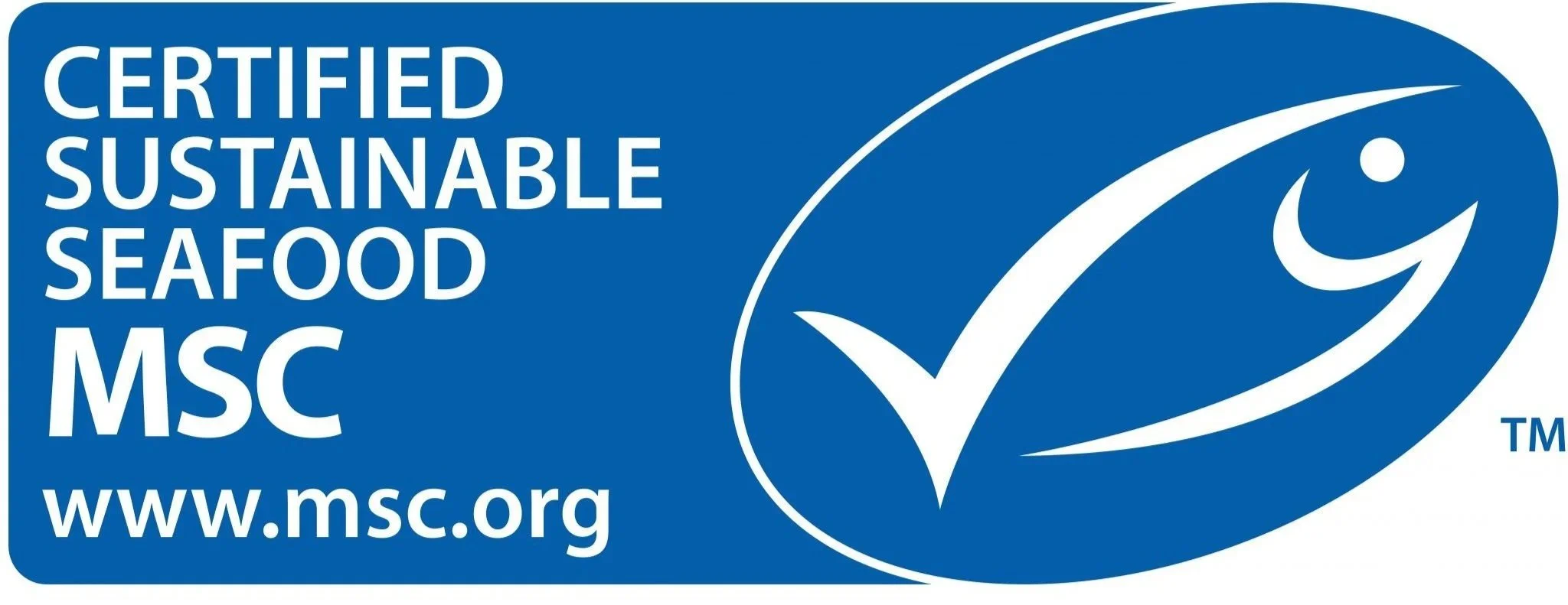 Blue and white label with text reading 'Certified Sustainable Seafood MSC' and www.msc.org, featuring a smiling fish logo with a checkmark in a circular design.