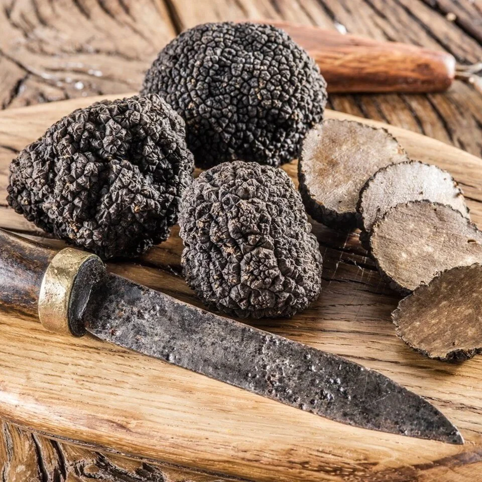 Three black truffles on a wooden cutting board, with a vintage knife and sliced truffle pieces.
