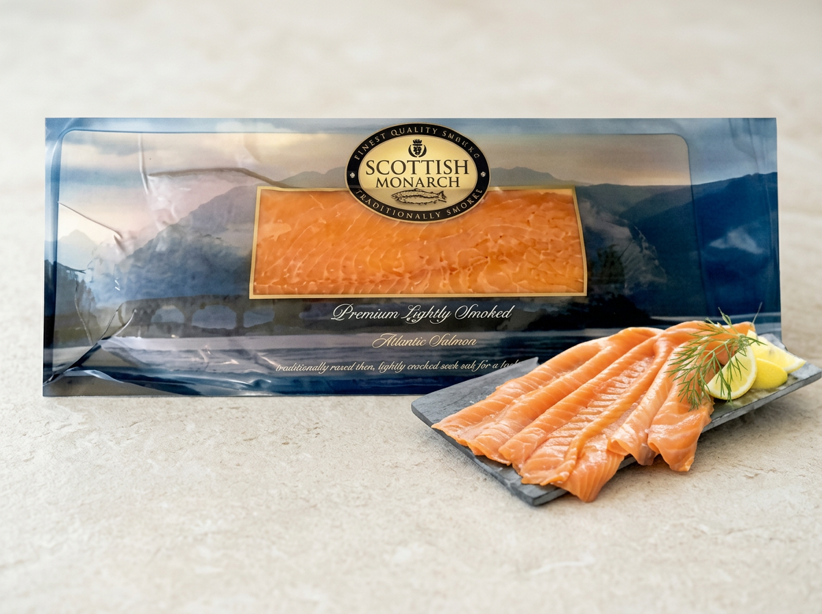 Raw Atlantic salmon fillet on a black slate board, garnished with lemon slices and dill, with a package of Scottish Monarch lightly smoked salmon in the background.