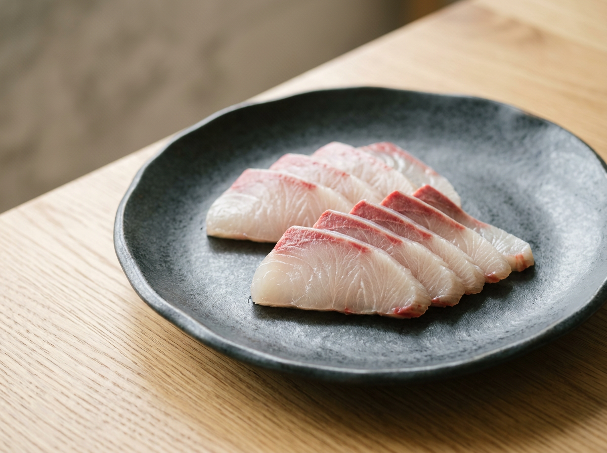 Slices of Japan Sashimi Hamachi Belly/ Fillet on a black ceramic plate placed on a wooden surface.