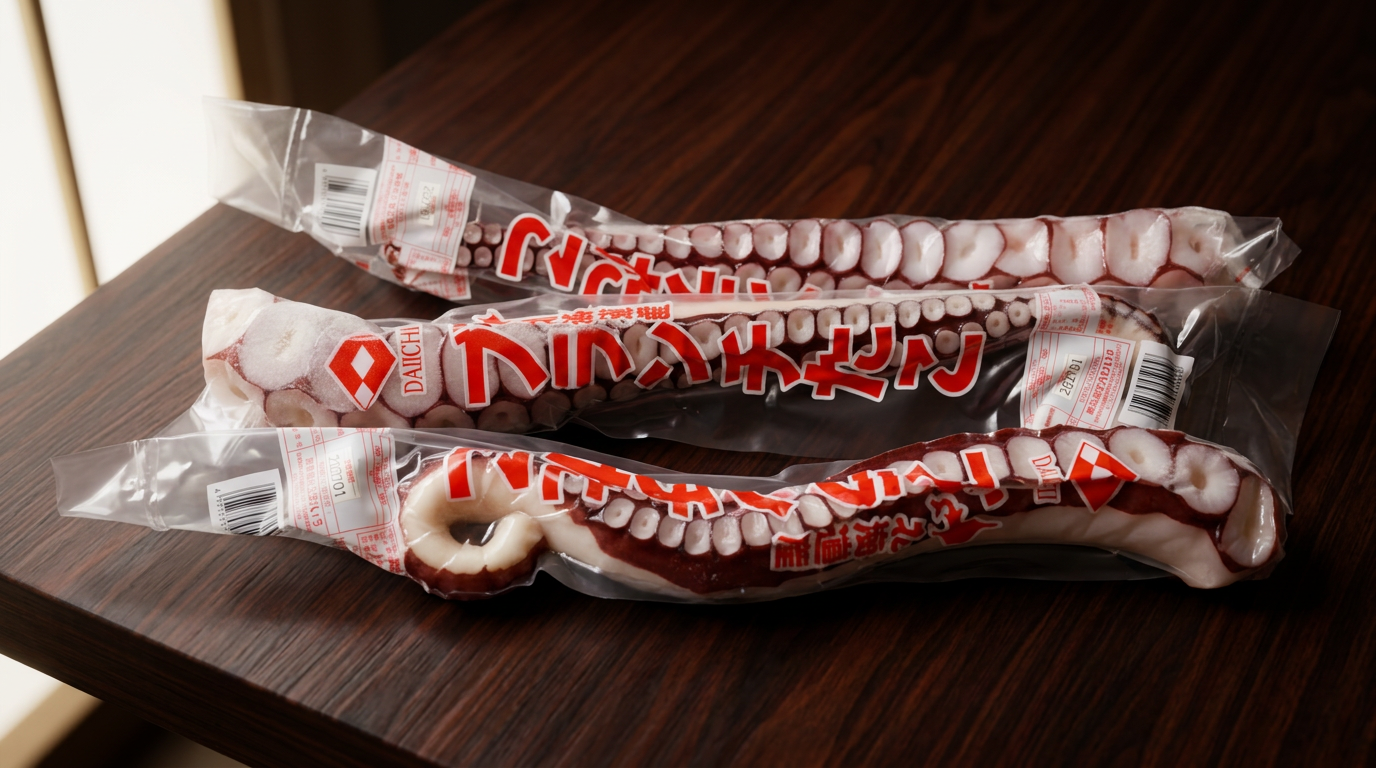 Three frozen octopus tentacles packaged for sale, lying on a wooden surface.