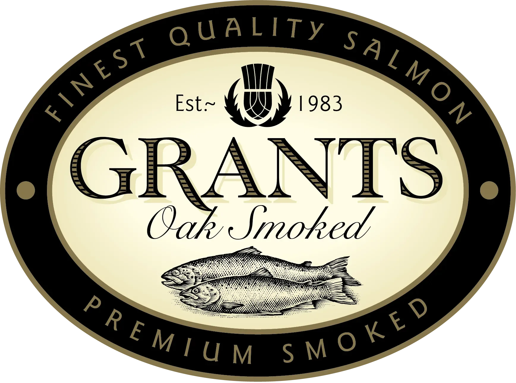 Label for Grante's Oak Smoked premium smoked fish, established in 1983, featuring an illustration of two fish.