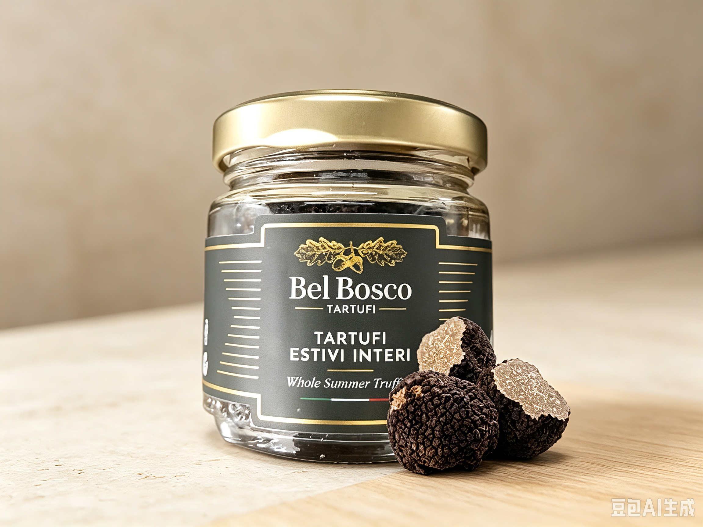 A jar of Bel Bosco tartufi whole summer truffle spread is placed on a light wooden surface with some truffle pieces beside it. The jar has a dark label with gold accents and text.