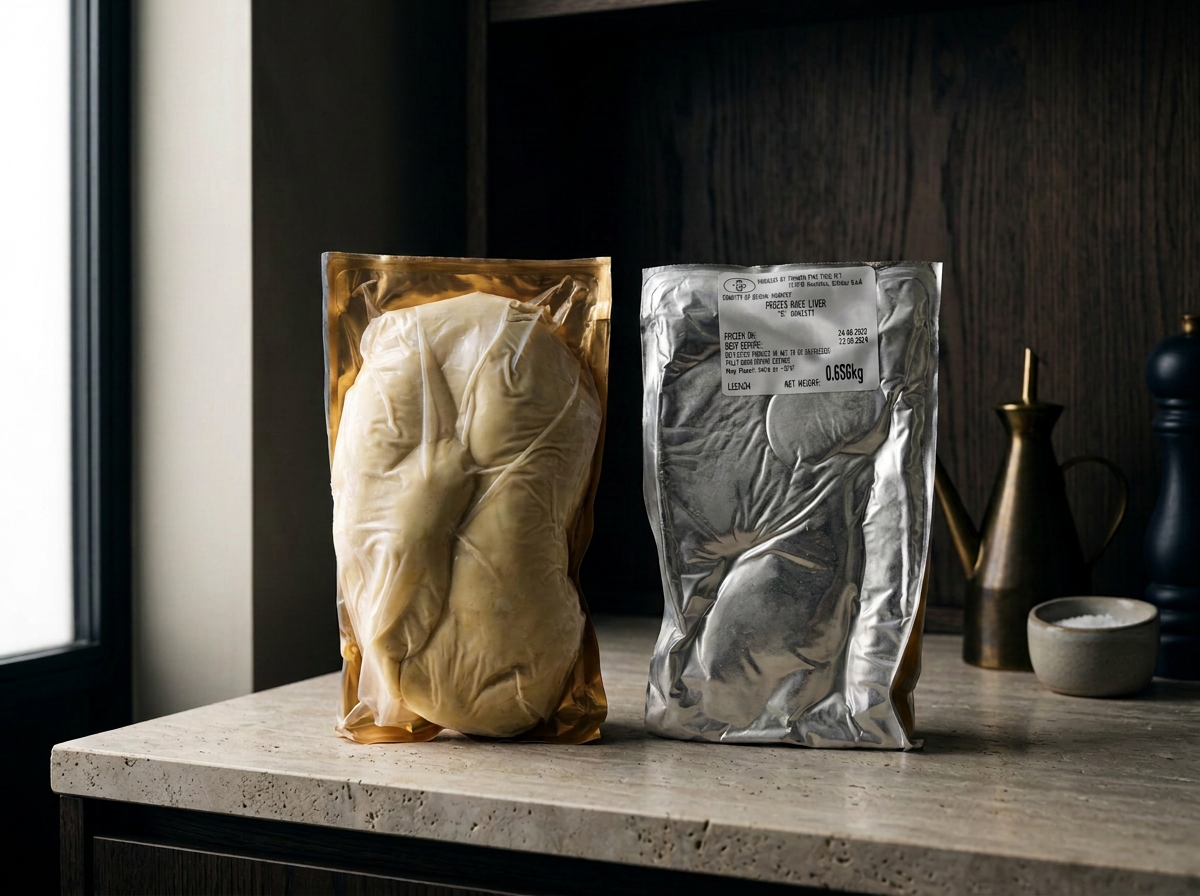 Vacuum-sealed meat packages on a kitchen countertop, containing a whole Hungary Duck Liver
