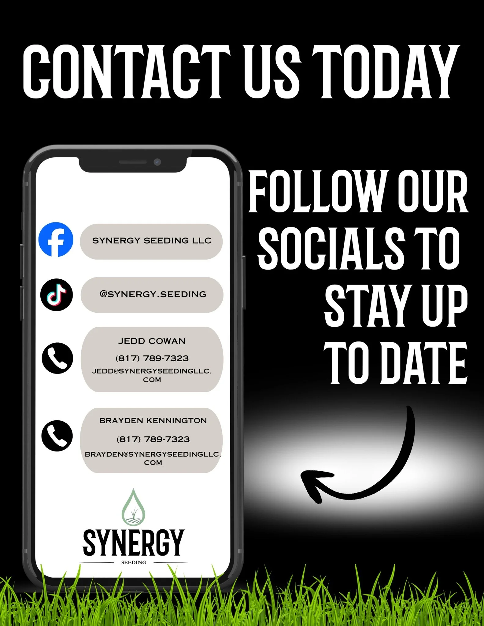 Social media contact information for Synergy Seeding LLC, including Facebook, TikTok, and phone numbers for Jedd Cowan and Brayden Kennington, with a background of grass and a black and white gradient design.