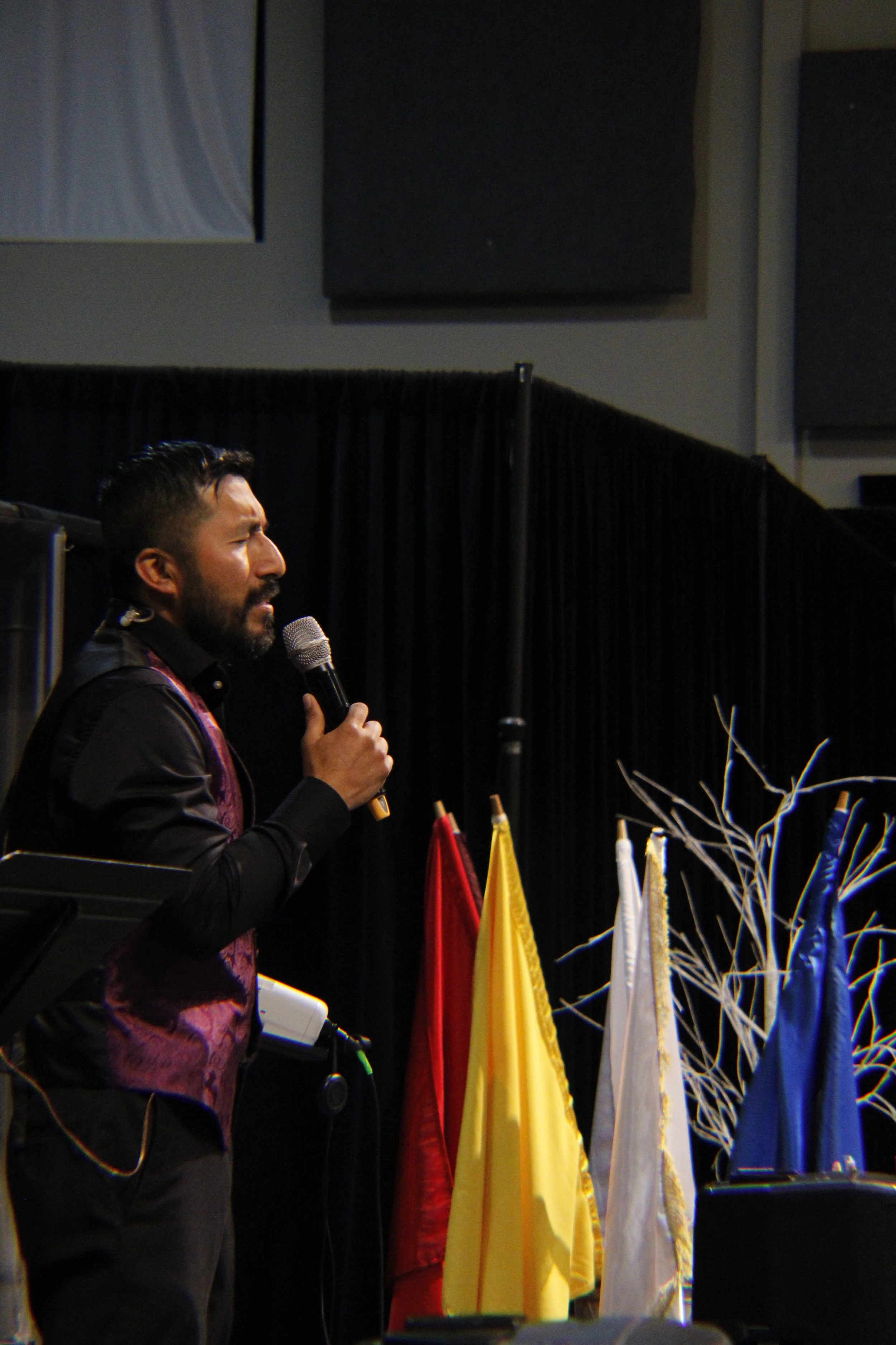 A man with a beard and mustache, holding a microphone, speaking at an indoor event. Behind him are multiple colorful flags and leafless decorative branches. There are black and gray acoustic wall panels in the background.