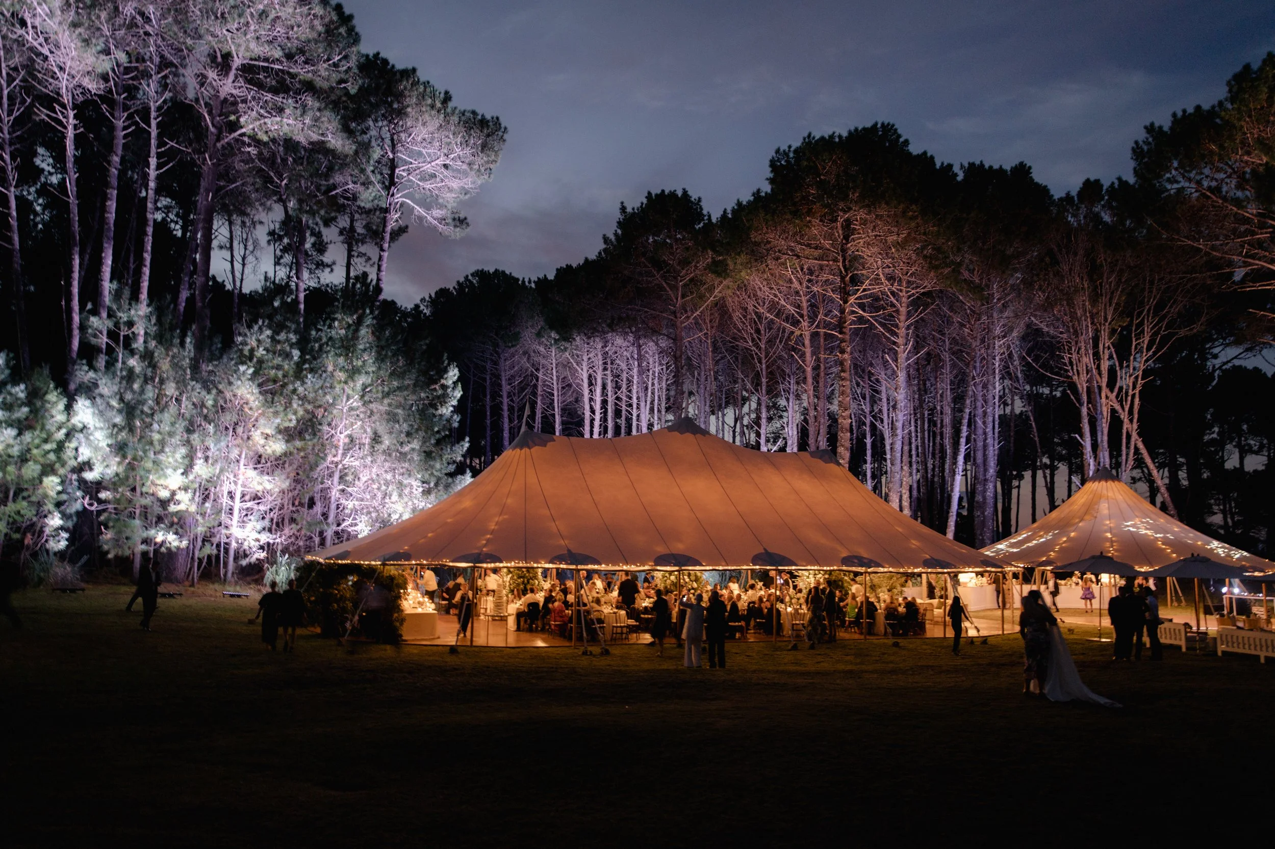 Nighttime outdoor event under a large cream-colored tent with string lights, surrounded by trees illuminated with purple and white lights, and a cloudy sky in the background.