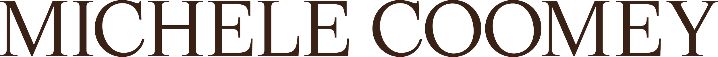 'Michelle Coomey' logo in dark chocolate brown