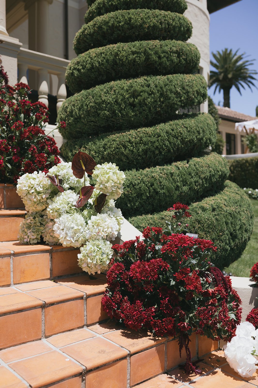 Colorful flowers and neatly trimmed bushes on a brick staircase outside a house under a clear blue sky.