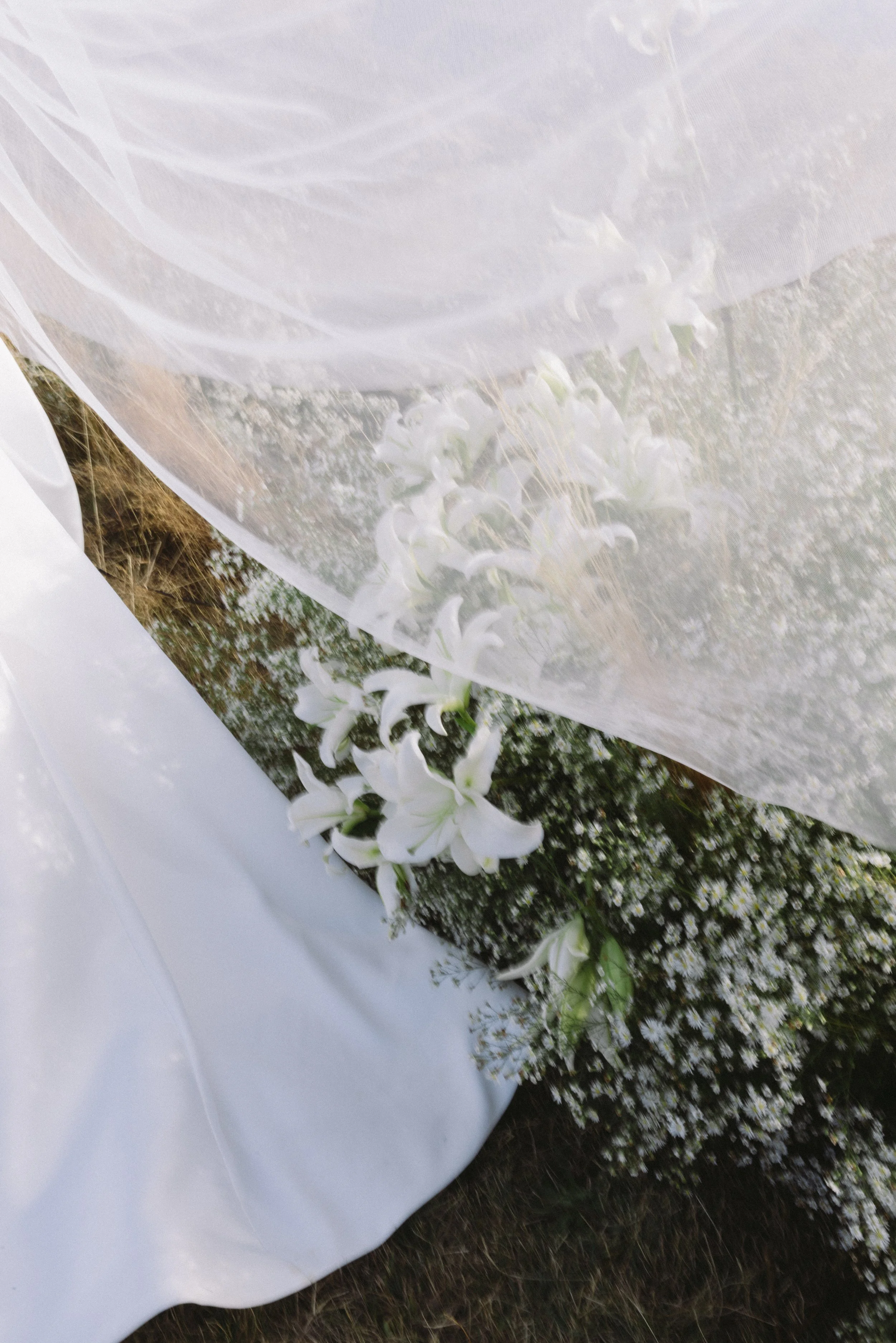White floral arrangement with lilies and greenery underneath a sheer white fabric, outdoors on grass.