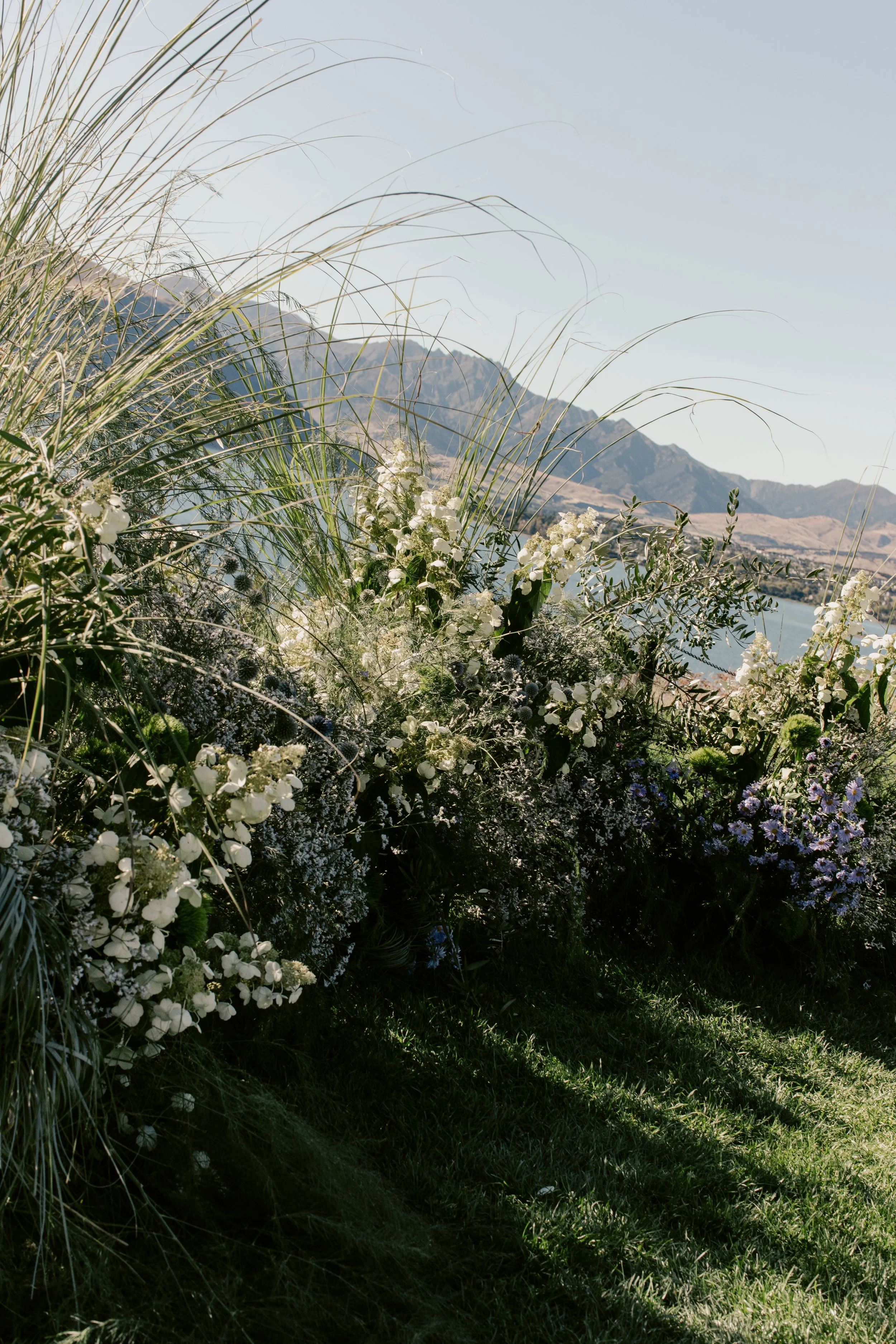 A scenic view of a river or lake surrounded by lush green vegetation, with a mountain range in the background and a clear blue sky.