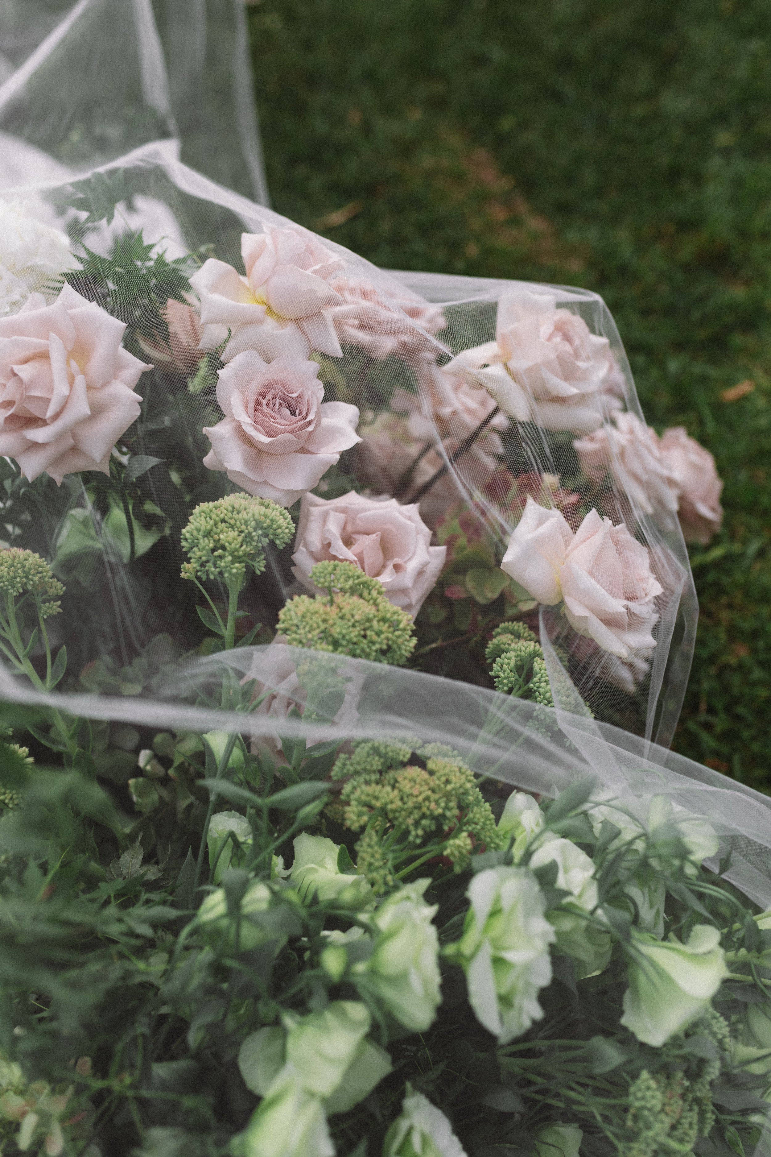 Bouquet of pink and white roses wrapped in transparent plastic, placed on green grass.