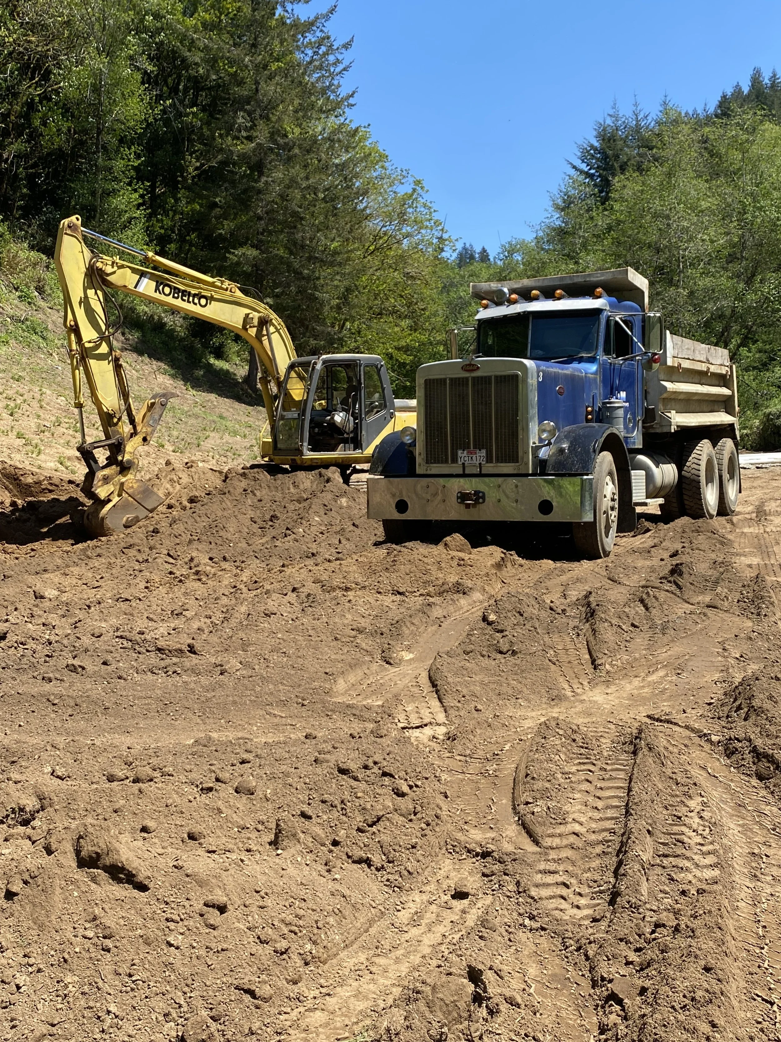 Construction site with a yellow excavator digging in the dirt, and a large blue dump truck parked nearby, surrounded by green trees and a clear blue sky.