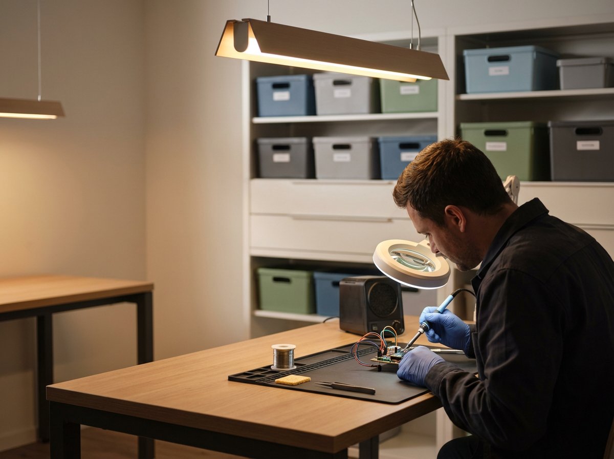 A man working on an electronic device at a wooden table in a workshop or laboratory, using a magnifying glass and tools with organized storage in the background.