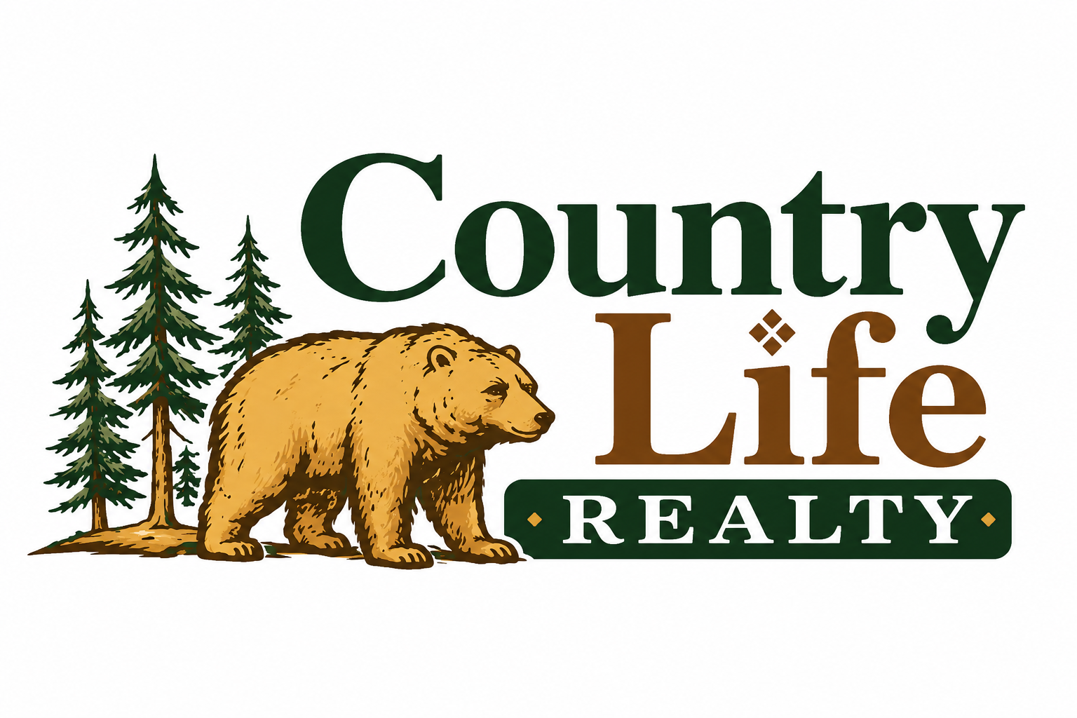 Logo for Country Life Realty featuring a bear, pine trees, and green and brown text.