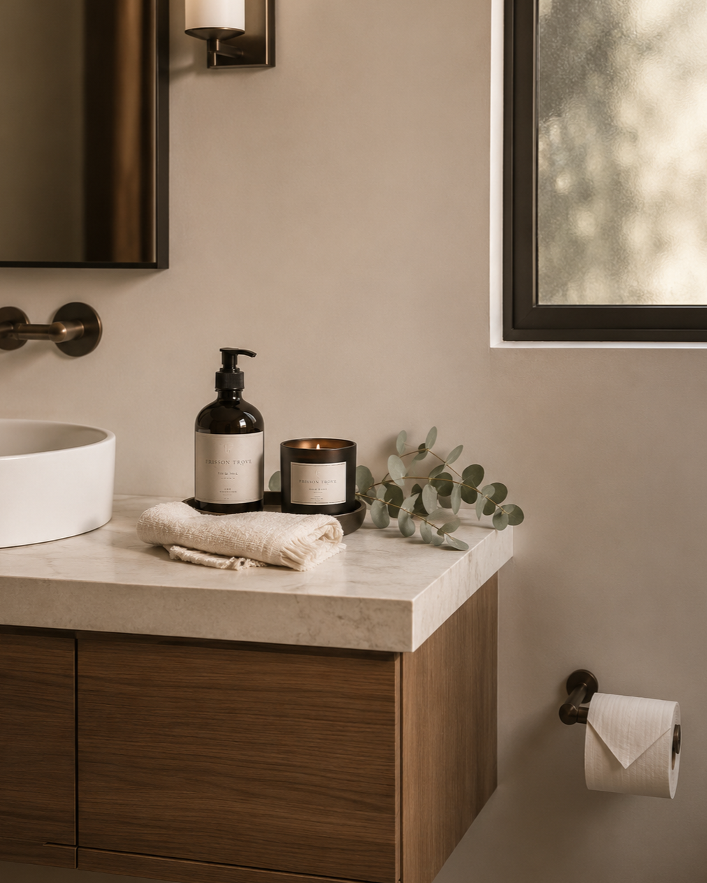 Bathroom with a wooden vanity, white countertop, round white vessel sink, black soap dispenser, lit black candle, eucalyptus branch, towels, and window with frosted glass.