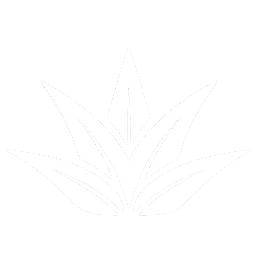 Black and white logo resembling an abstract flower or plant with pointed petals emerging from a central base.