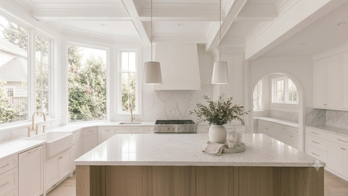 Bright white kitchen with large windows, white marble countertops, and a central island with a vase of greenery, pendant lights, and a stove.
