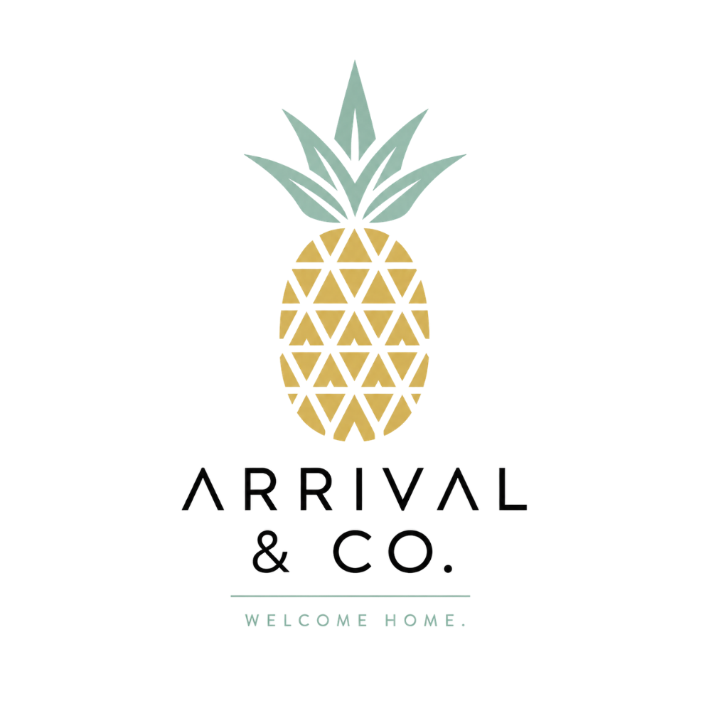 A logo featuring a stylized pineapple with a geometric pattern, with the text 'Arrival & Co' below it and the tagline 'Hospitality' underneath.