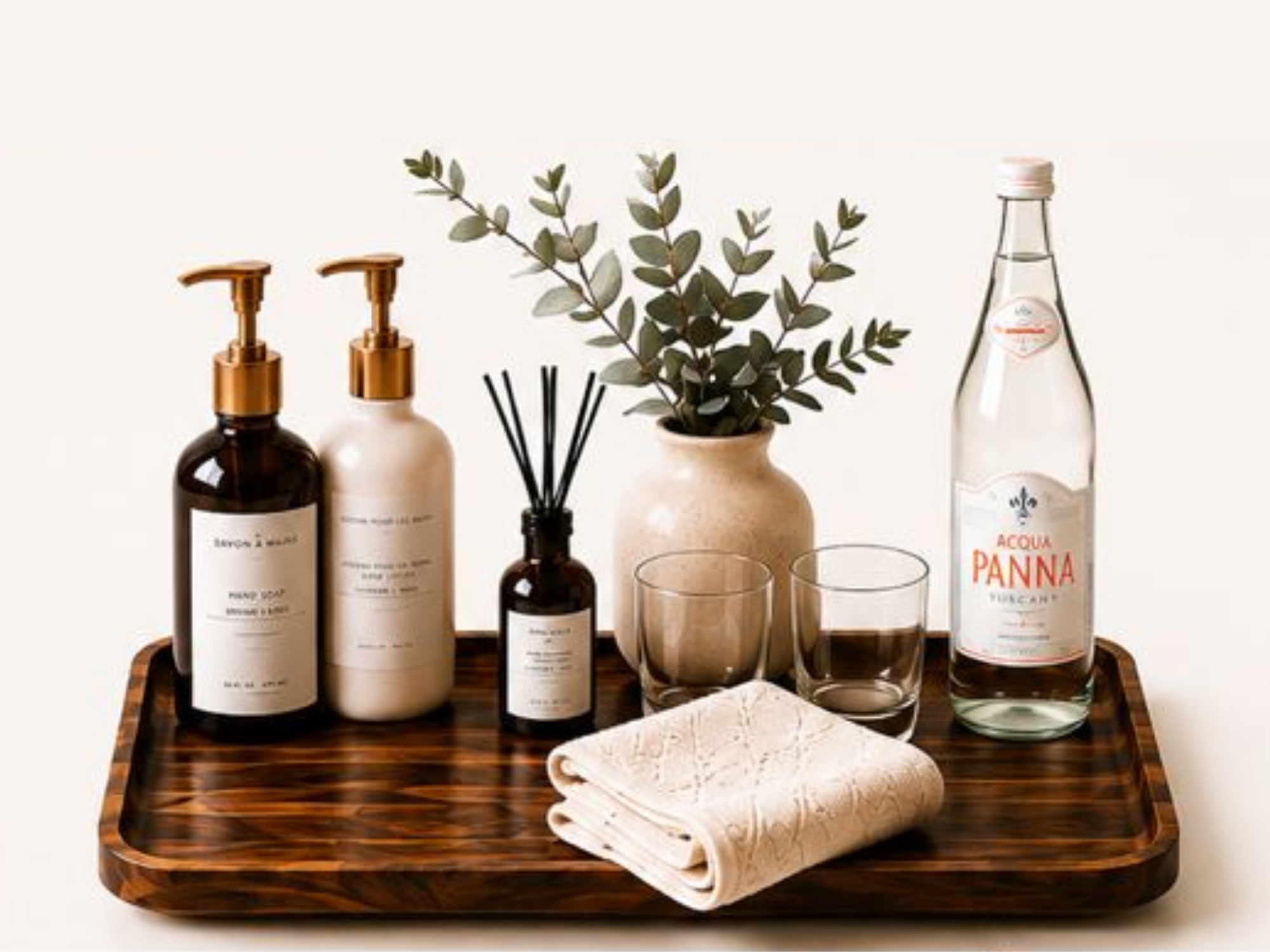 Spa skincare products, including pumps and bottles, a small vase with greenery, empty glasses, folded towels, and a woven cloth on a wooden tray.