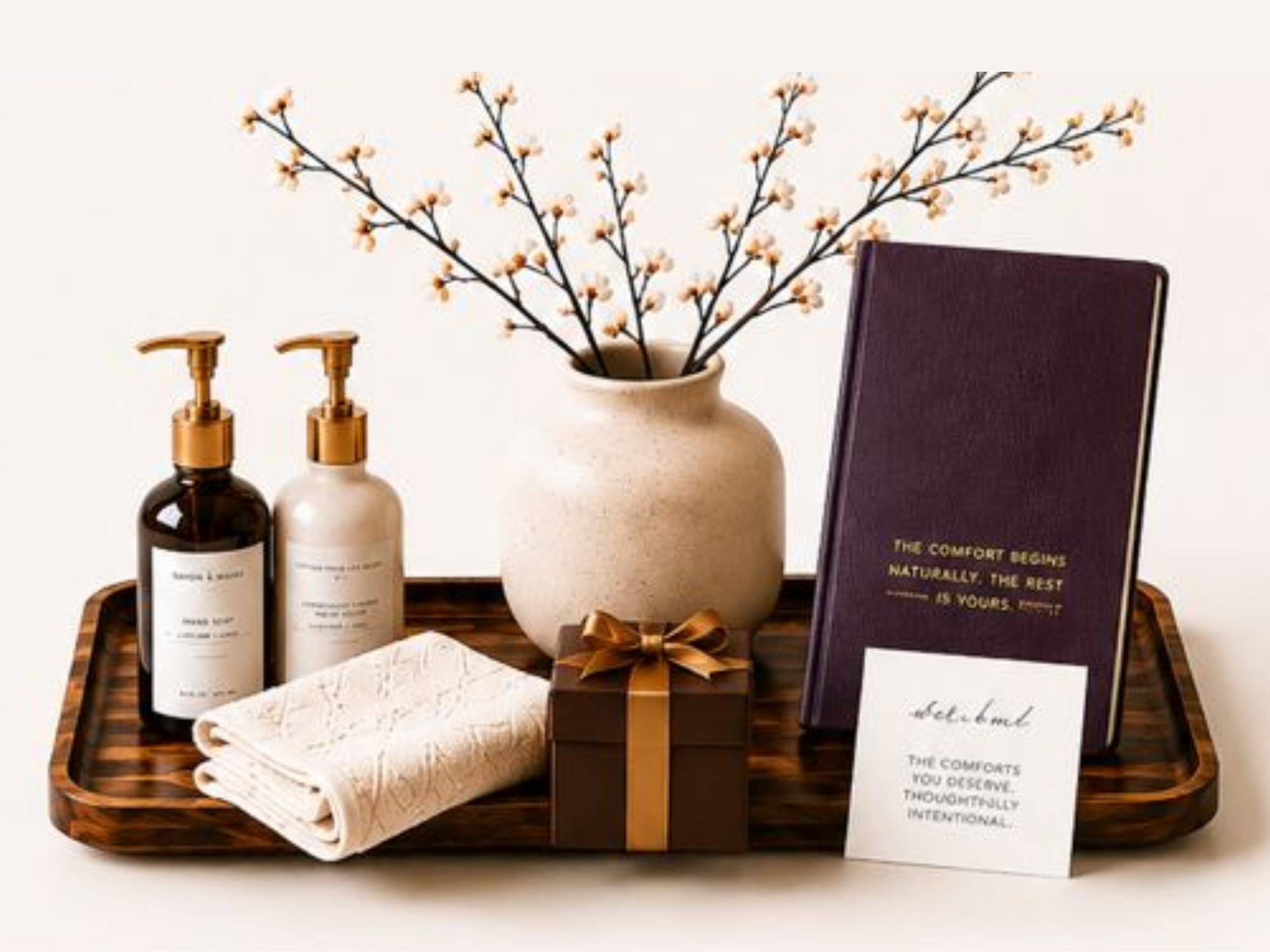 A wooden tray holding amber and white bottles, a beige ceramic vase with white flowering branches, a neatly folded cream-colored cloth, a small gift box with a gold ribbon, a dark purple book titled "The Comfort Begins Naturally, The Rest Is Yours," and a white card with black text.