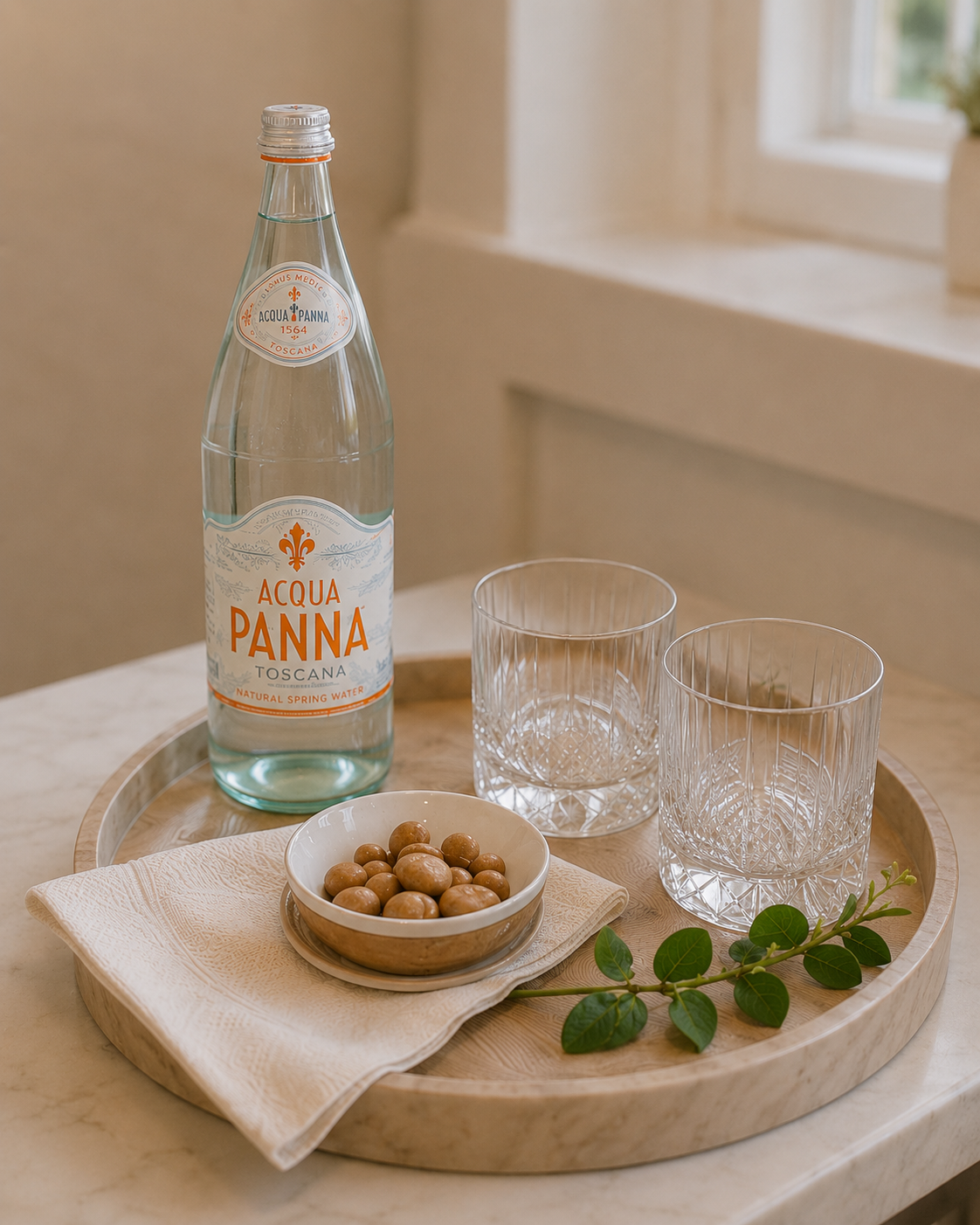 A tray with a bottle of Acqua Panna natural spring water, two empty glass tumblers, a small bowl of brown nuts, a folded napkin, and some green leaves on a marble table near a window.