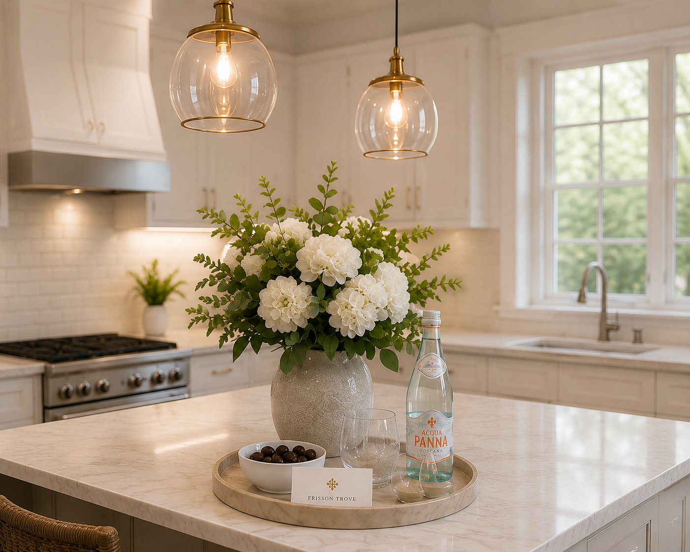 A kitchen island decorated with a large white floral arrangement, a bottle of Acqua Panna water, a glass, a small bowl of dark chocolates, and a card that reads 'Frisson Trove' beneath two pendant lights
