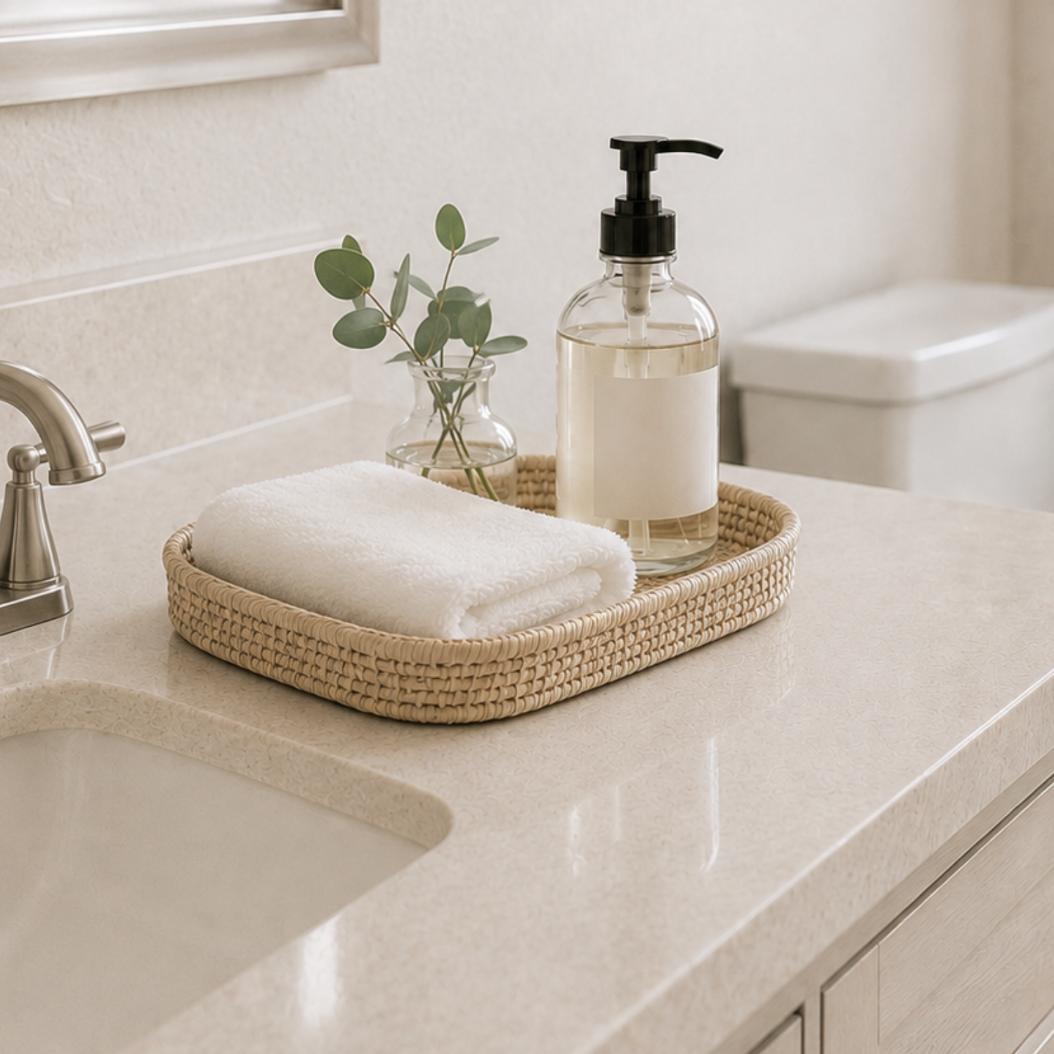 Bathroom countertop with a beige woven tray holding a white rolled towel, a glass bottle of liquid soap with pump dispenser, and a small vase with green eucalyptus leaves.