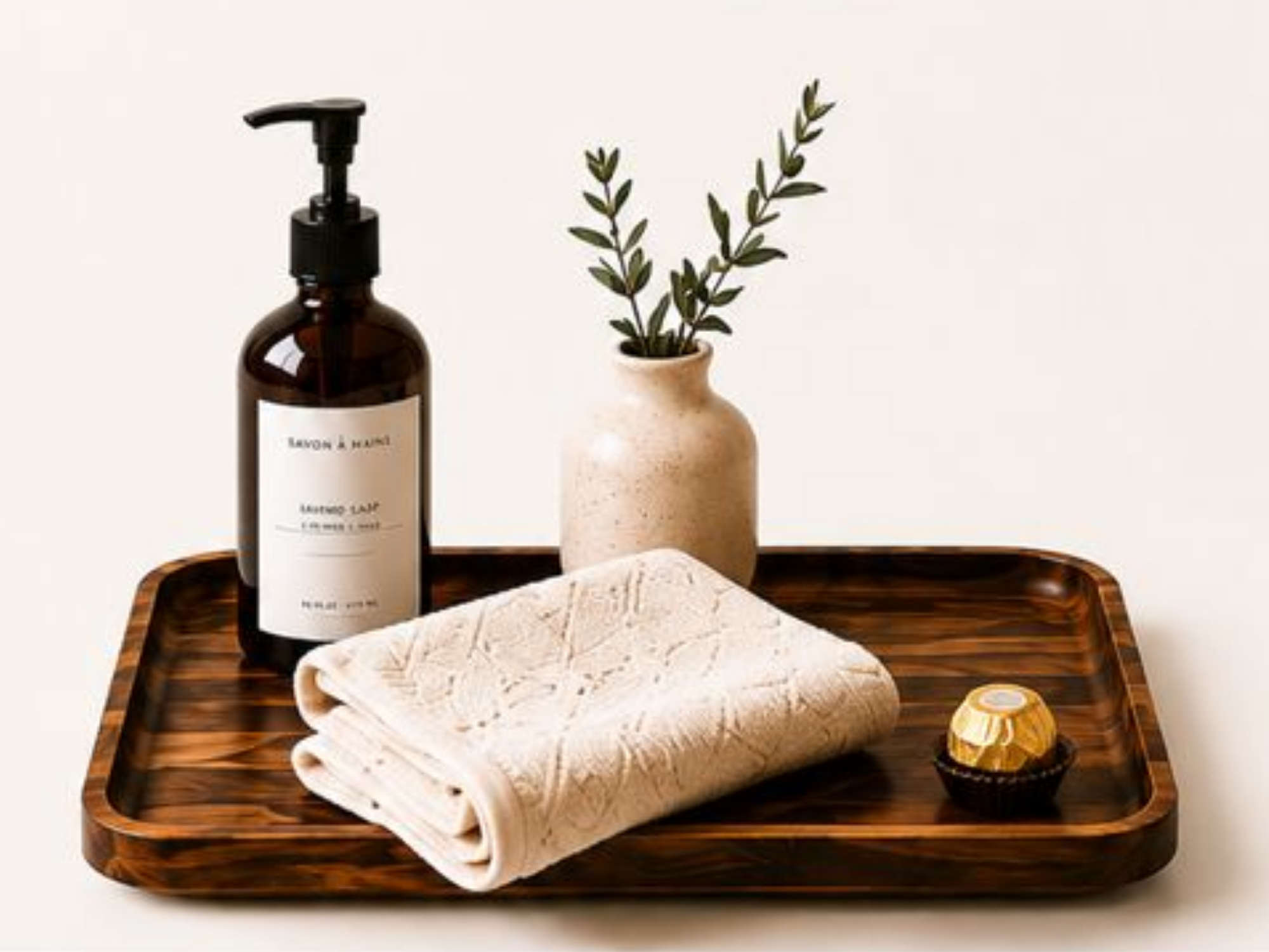 A wooden tray with a folded cream-colored knitted blanket, a dark amber glass bottle with a pump dispenser labeled "Lavender & Musk," a small potted plant with green leaves, and a yellow soap dish with a bar of soap, all set against a plain white background.