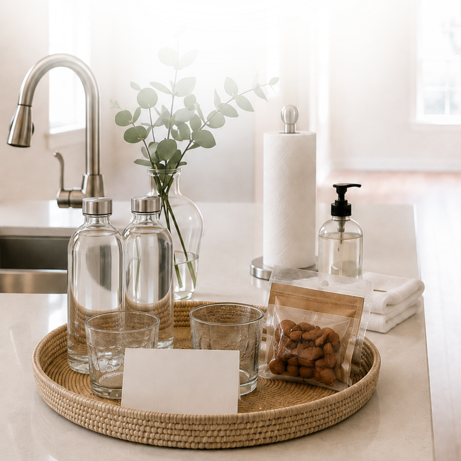Kitchen counter with clear glass bottles, a vase with green foliage, a paper towel holder, hand soap dispenser, folded white towels, and a basket with glassware, nuts, and a blank card.
