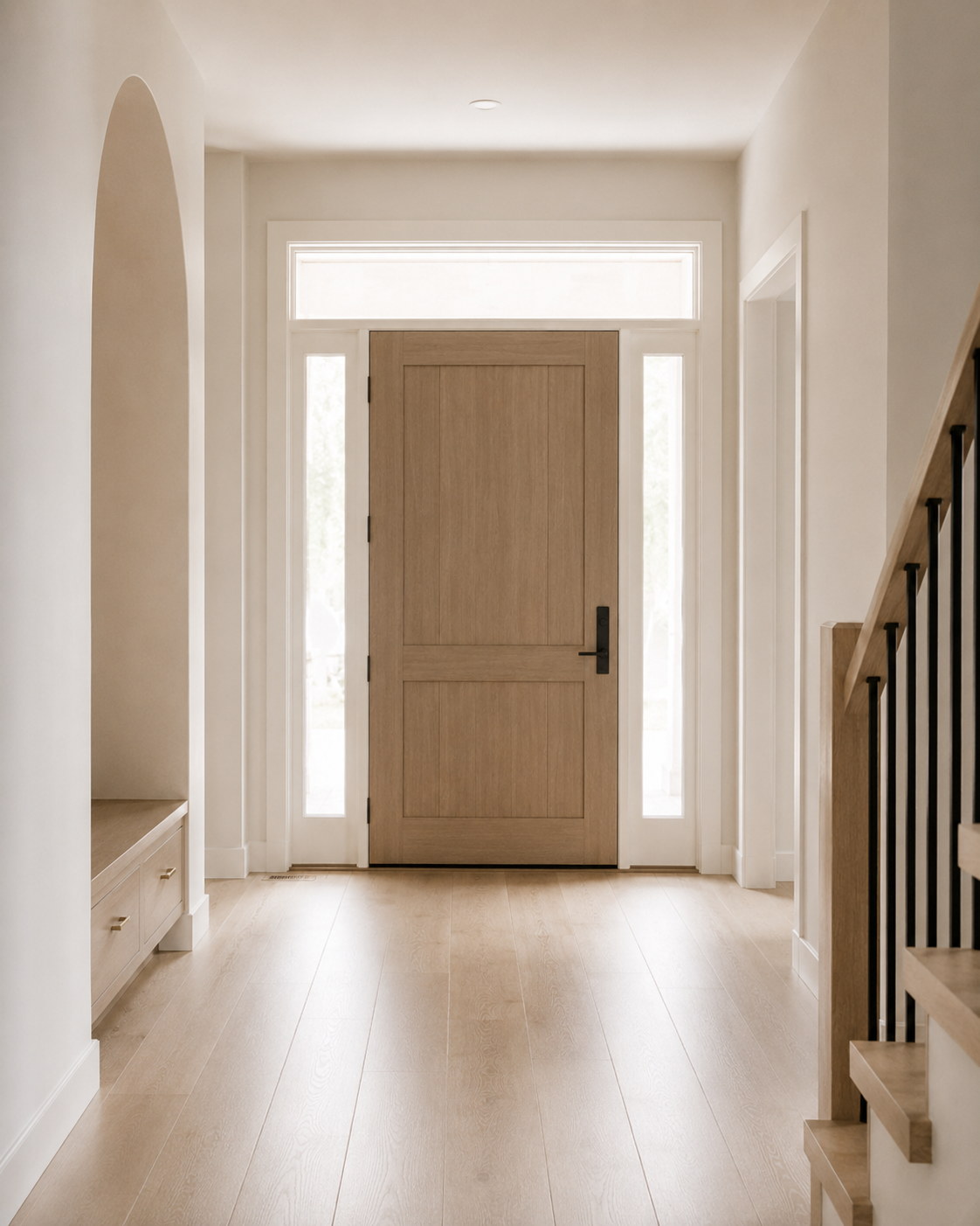 Entryway with a wooden front door framed by sidelight windows and a transom window above, with light-colored wooden flooring, white walls, and a staircase on the right side.