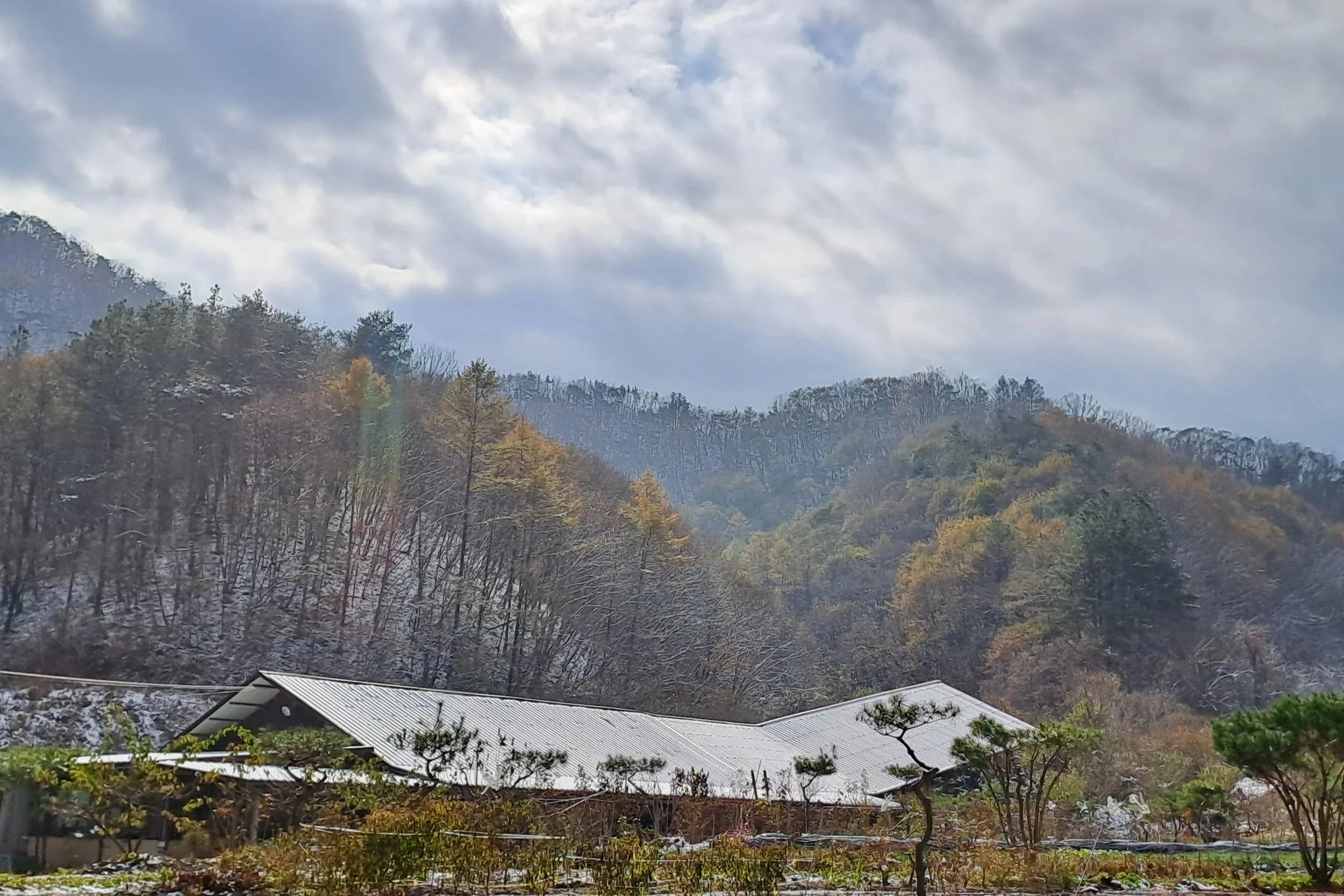 A scenic view of a mountain landscape with trees, some with autumn foliage, under a cloudy sky, and snow on the ground and rooftops of houses in the foreground.