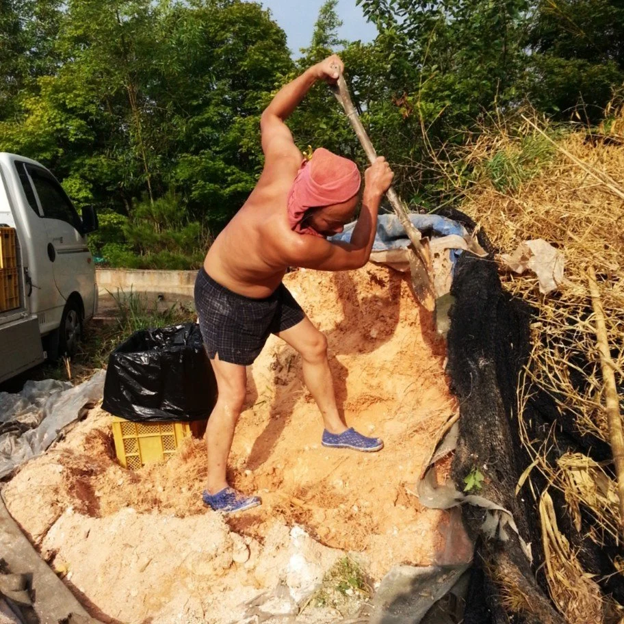 A shirtless man wearing shorts and a pink hat is digging with a shovel in a patch of dirt and dry grass.