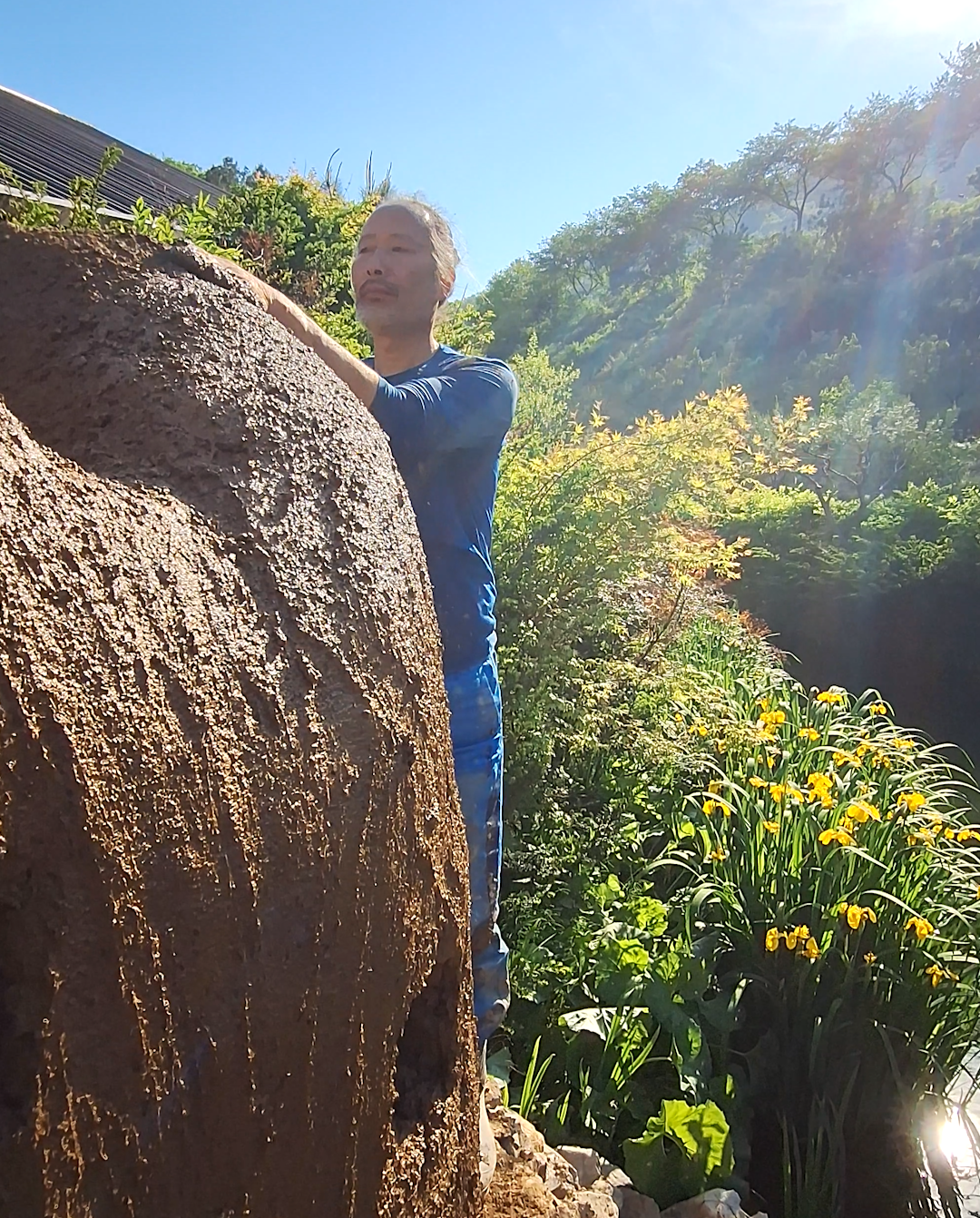 A man in a blue long sleeve shirt stands outdoors near a large textured rock, with lush green trees and yellow flowers in the background under a clear blue sky.