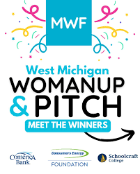 Logo for West Michigan Womanup & Pitch event with confetti, featuring the MWF logo and sponsors including Consumers Energy, Grand Rapids Community Foundation, and Schoolcraft College.