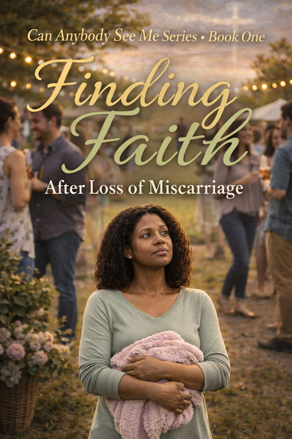 Book cover titled 'Finding Faith: After Loss of Miscarriage' from the 'Can Anybody See Me Series, Book One'. Features a woman holding a blanket, looking thoughtful, at an outdoor gathering with people socializing in the background during sunset.