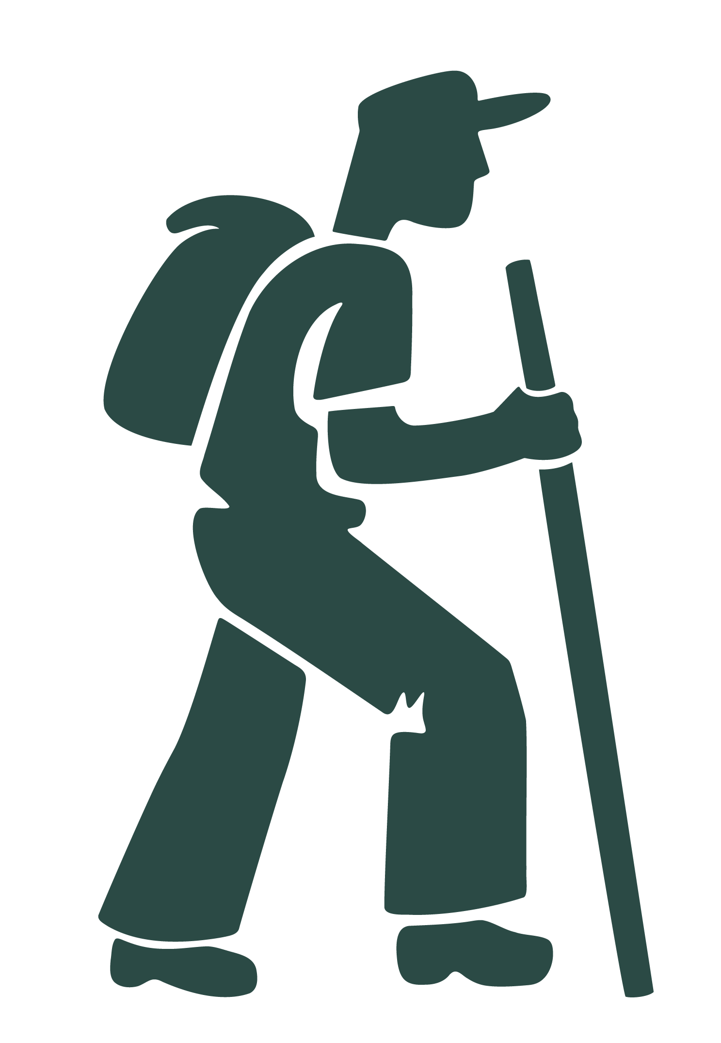 Silhouette of a person hiking with a backpack and walking stick, wearing a wide-brimmed hat.