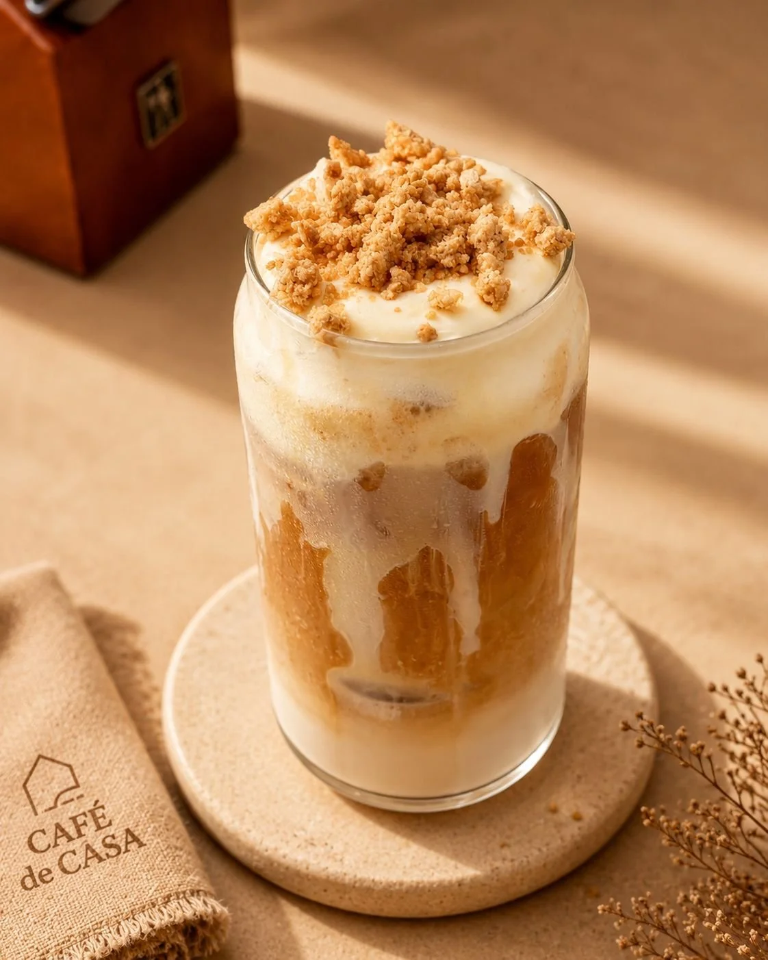 A tall glass of iced coffee topped with whipped cream and crumbled graham crackers on a beige coaster, with a beige napkin and sprigs of dried flowers nearby.