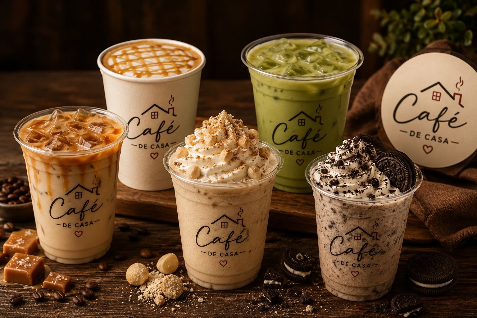 Six cold beverages with whipped cream, caramel, cookies, and Oreos, displayed on a wooden table with coffee beans and caramel candies, taken in a cozy cafe setting.